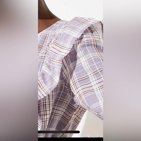 Ann Taylor LOFT  Women Frosted Lavender Plaid Ruffle Cropped Blouse, L Prairie - Picture 3 of 12